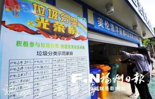 美倫浩洋麗都A區(qū)垃圾分類屋門口懸掛垃圾分類光榮榜。記者 鄭帥 攝